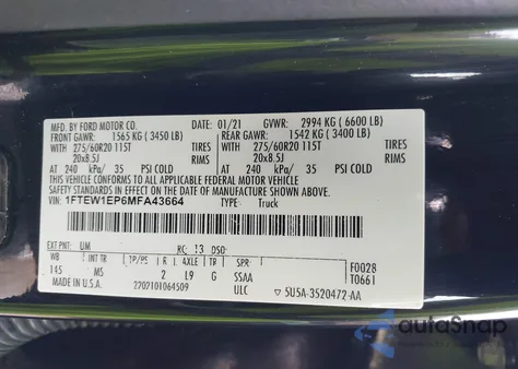 2021 Ford F-150 Xlt из США, поврежденный, VIN 1FTEW1EP6MFA43664